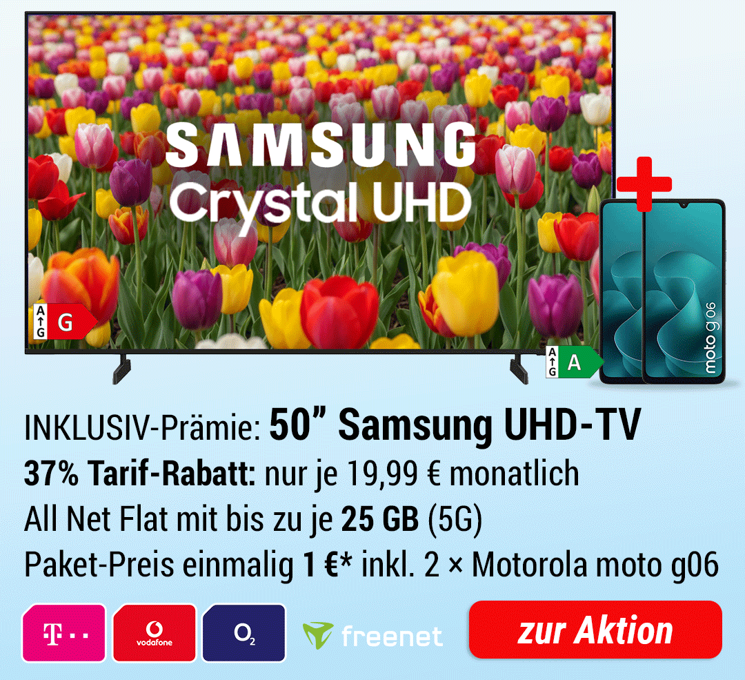 50 Zoll Samsung UHD-TV  INKLUSIVE + 2 × Motorola Moto g06 + Zubehör