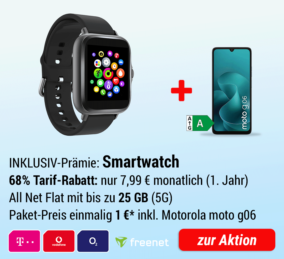 Smartwatch INKLUSIVE + Motorola moto g06 7,99 €/Monat (1. Jahr)