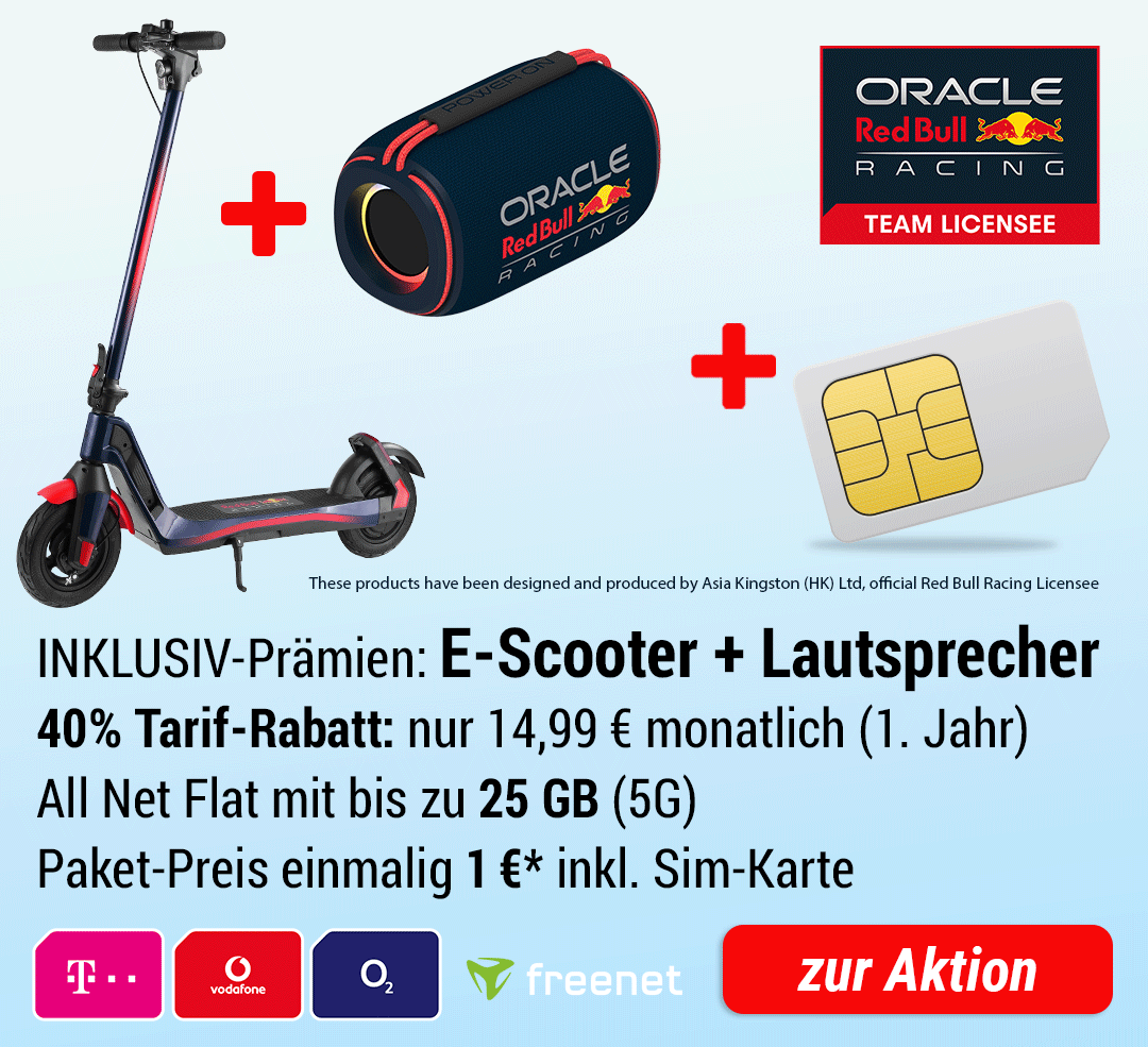 ORACLE Red Bull E-Scooter + INKLUSIVE ORACLE Red Bull Lautsprecherbox + SIM Only mit bis zu 25 GB 5G