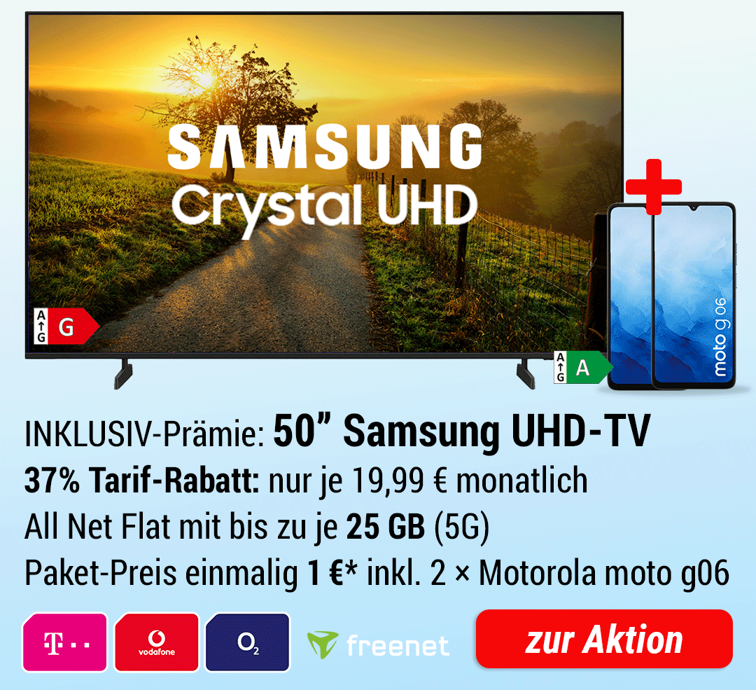 50 Zoll Samsung UHD-TV  INKLUSIVE + 2 × Motorola Moto g06 + Zubehör